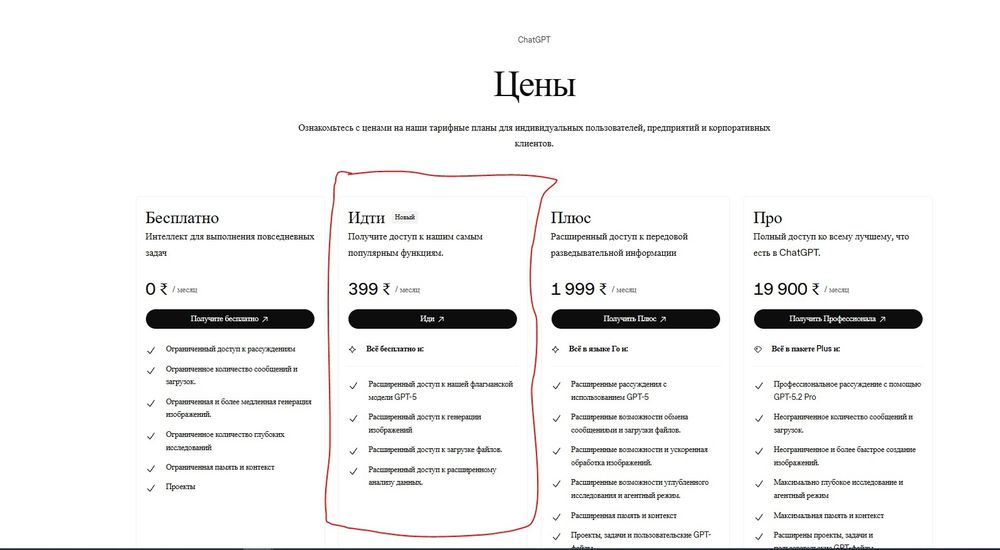 Аккаунт с доступом к Chat GPT тариф GO на 12 месяцев