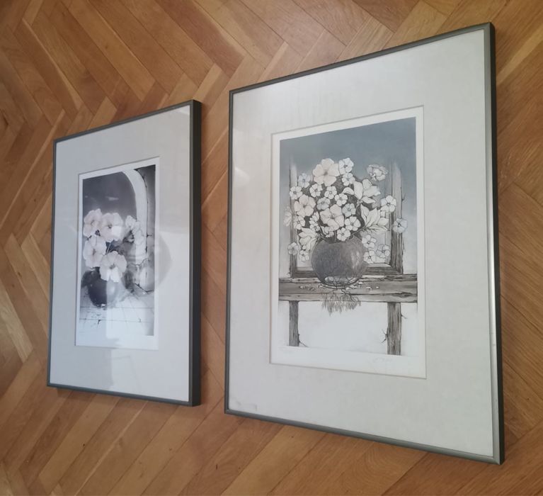 Антикварни картини цветни литографии авторски лимитирани в рамка  2 бр