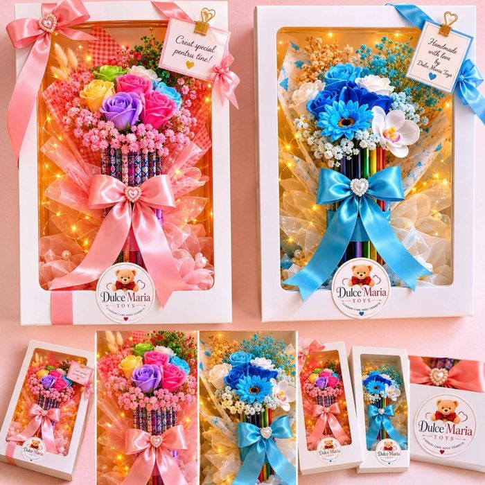 Buchet premium realizat handmade din flori de săpun, creioane colorate
