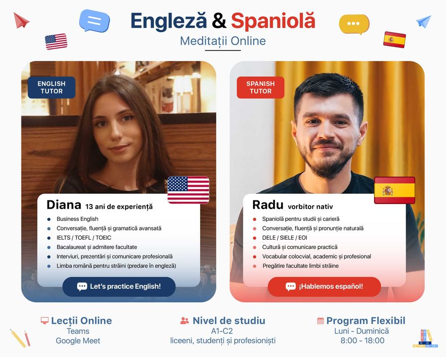 Meditatii online Engleza si Spaniola orice nivel