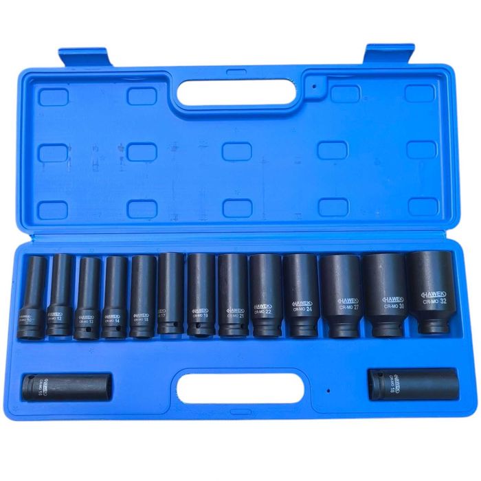 Комплект 15 броя ударни вложки 1/2, Дълги вложки 12 стенни в куфар