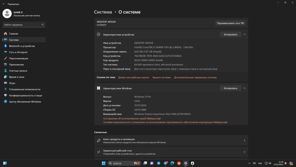 Kompyuter sotiladi hamma ishlar uchun
  Intel(R) Core(TM) i5-10400F CP