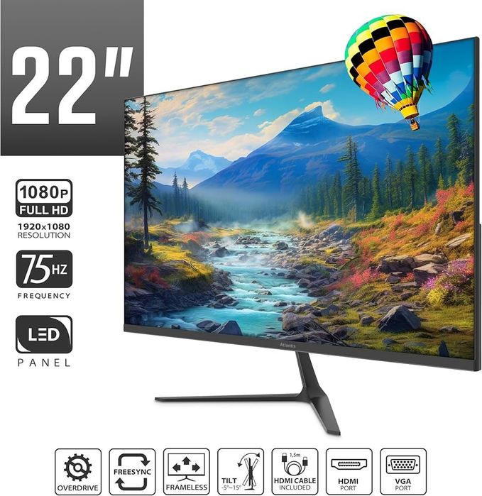 Monitor ATLANTIS 22" rezoluție Full Hd 1080 cu înclinație  VGA HDMI
rezoluție Full HD 1920x1080, VGA HDMI