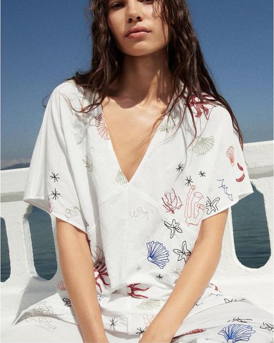 Set costum alb Zara vara plaja vaporos broderie