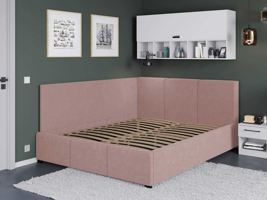 Pat Tapitat de colt Avelis roz cu somiera fixa