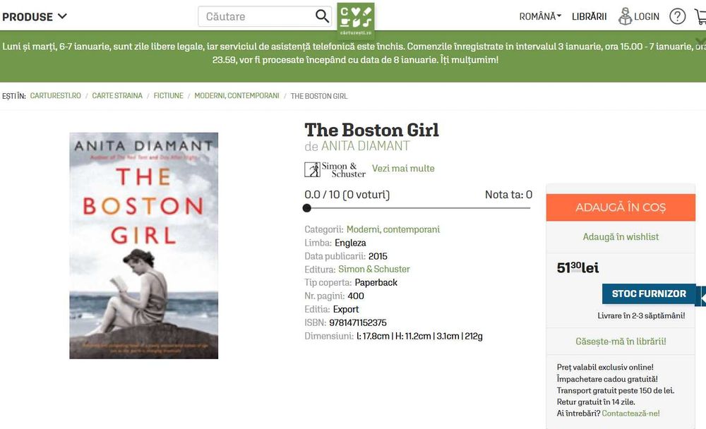 Cartea "The Boston Girl" Anita Diamant (in engleza)