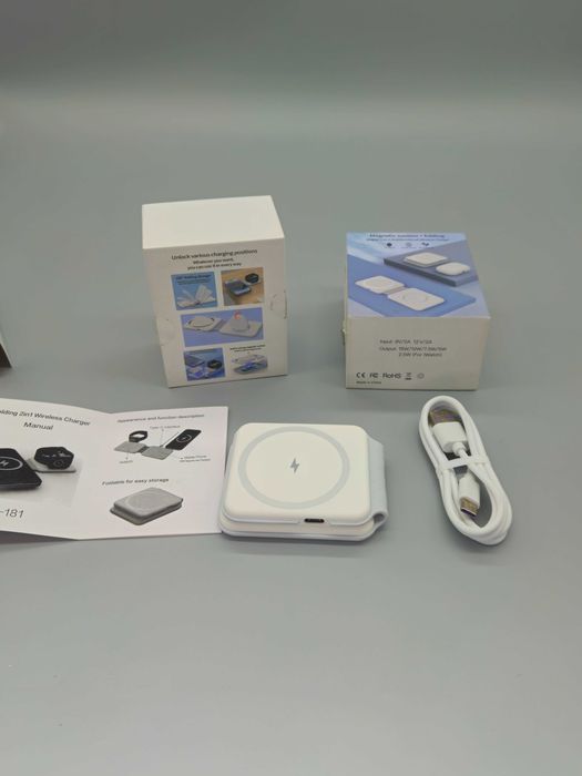 Сгъваемо 2-в-1 безжично зарядно с магнит (MagSafe тип) за Apple, 15W