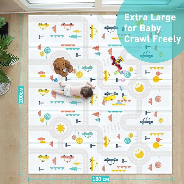 Двулицев детски килим за игра и пълзене, 200х180см, Сгъваем