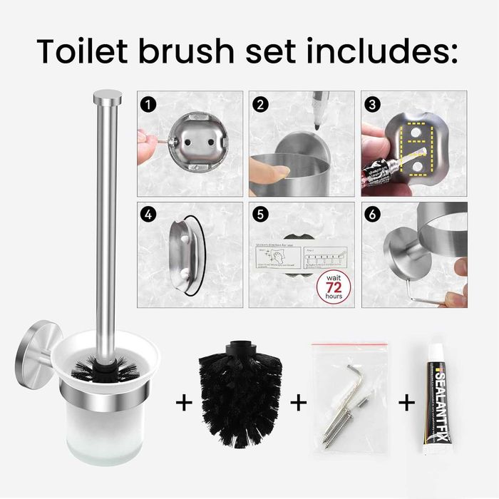 НОВИ! 2 броя Стенна четка за тоалетна, без пробиване, неръждаема стома