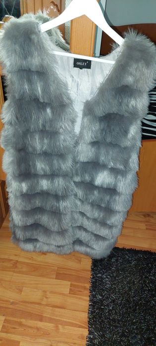 Vesta de blana lunga și palton cu blana artificiala Negru