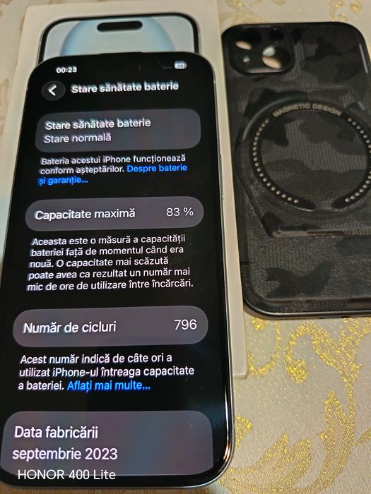 Vând sau schimb iphone 15 256 de gb 83% sanatate baterie preț 1899
