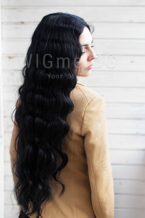 Дълга черна къдрава лейс фронт перука Роберта