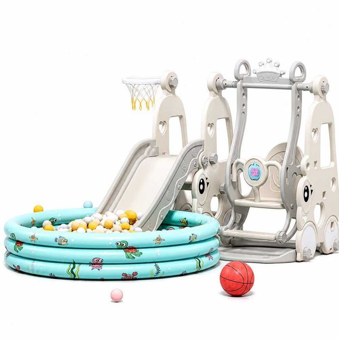 Spatiu de joaca Nichiduta Garden Happy Turtle Grey 3 in 1 cu tobogan, leagan , cos de baschet, mingie si piscina cu 200 bile joaca incluse
