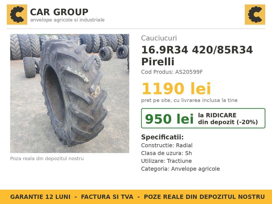 Cauciucuri 16.9R34 420/85R34 Pirelli Anvelope Tractor SH TVA Agricole