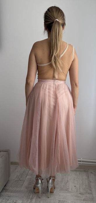 Rochie roz pal midi cu tull si perle marimea 38 BBY