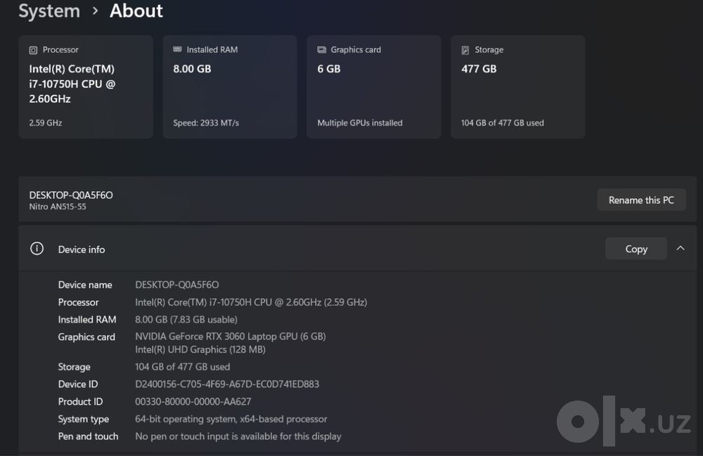 Acer nitro AN515-55 cori i7 10750H cpu2.60GHz