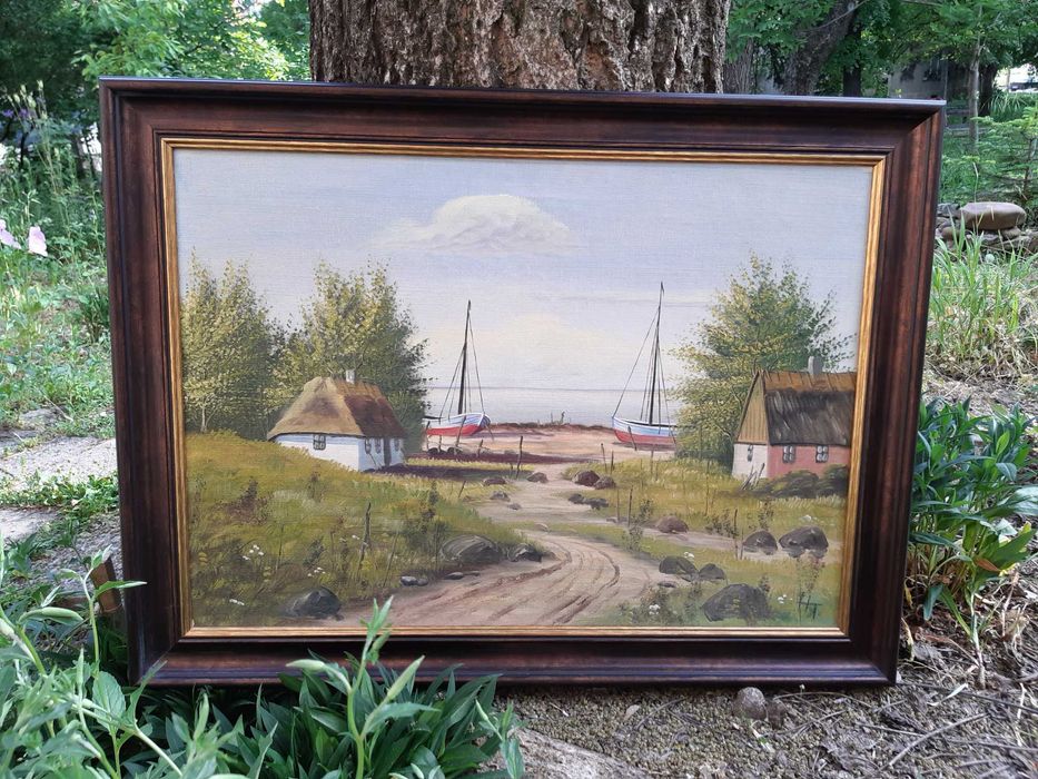 Красива Стара Картина "Рибарско Селище" Маслени Бои на Платно