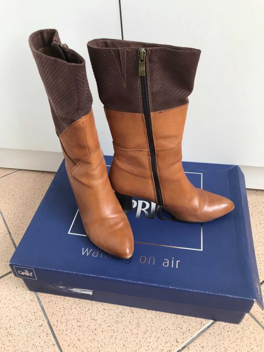 Încălțăminte de damă din piele cizme Caprice maro cu toc și fermoar