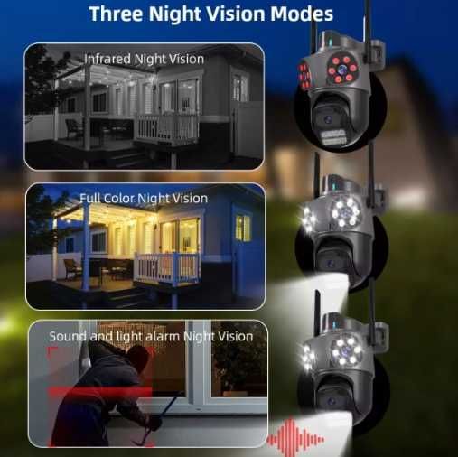 Тройна външна въртяща WiFi AI камера 12MP с три обектива, ICSee, Черна