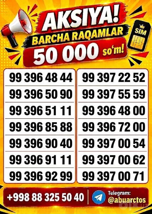 Chiroyli raqamlar 50 000 so’mdan! Aksiya  Dostavka xizmati bor.