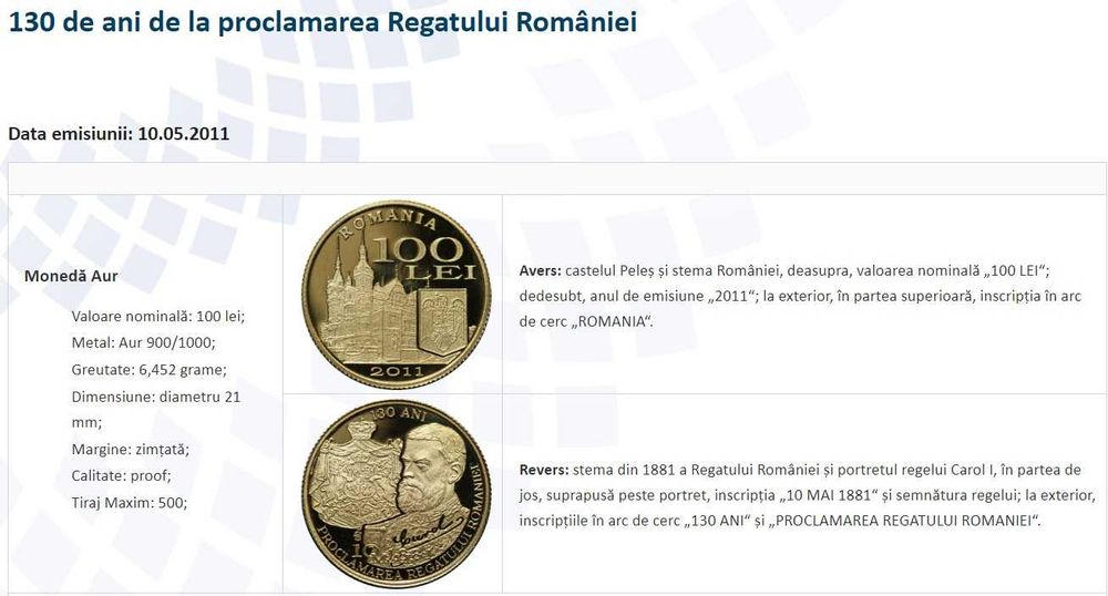 Moneda aur BNR 100 Lei, proclamarea Regatului Rom. gradata NGC PF 69