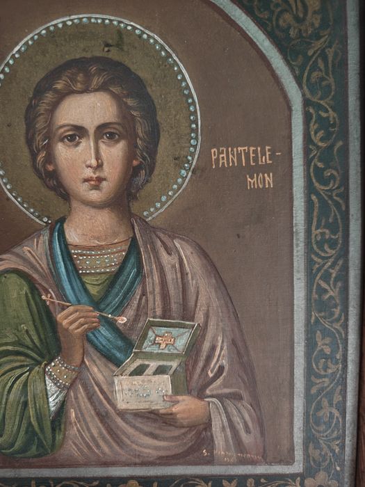 Icoana veche pictura pe lemn Sfântul Pantelimon
