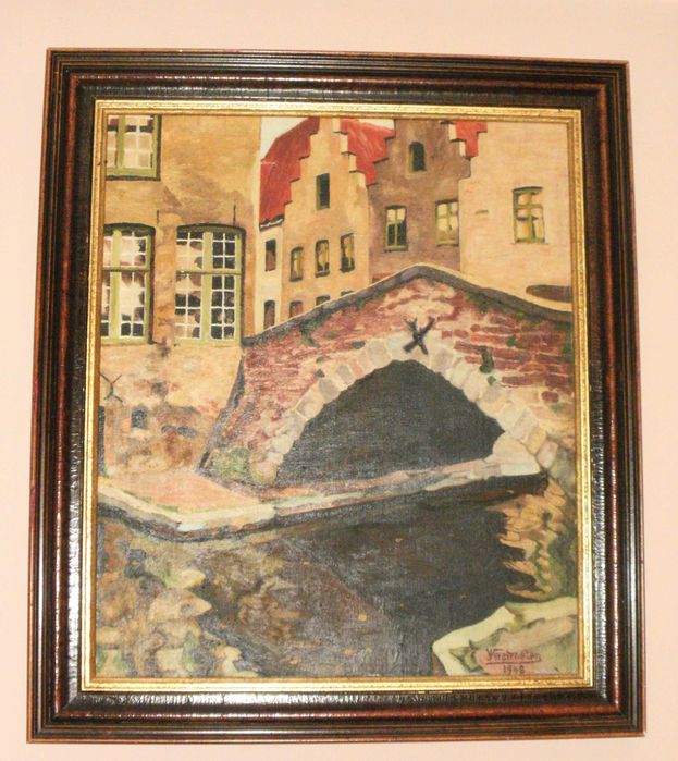 „Изглед към Брюж/ Мостът" в рамка, Белгия, Подпис: Jules Verstraeten