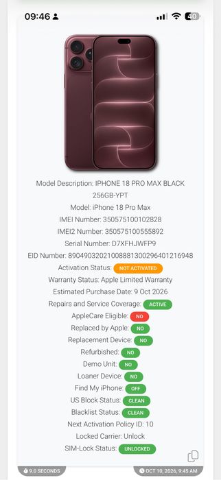 iPhone 18 Pro Max 256GB Black Nou Sim Fizic Neactivat Neverlocked