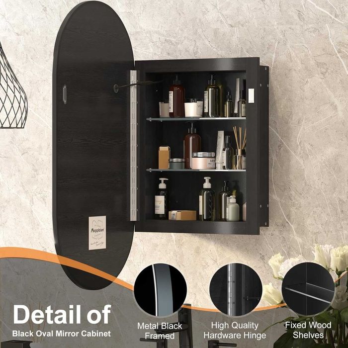 ЛЕД LED огледален шкаф за баня с осветление, 42x80см  овален черен