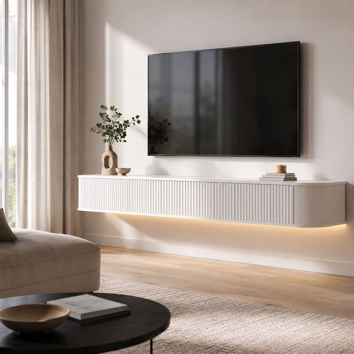Comodă TV suspendată PURFINO 180 cm, LED RGB, alb, pentru TV 65–75