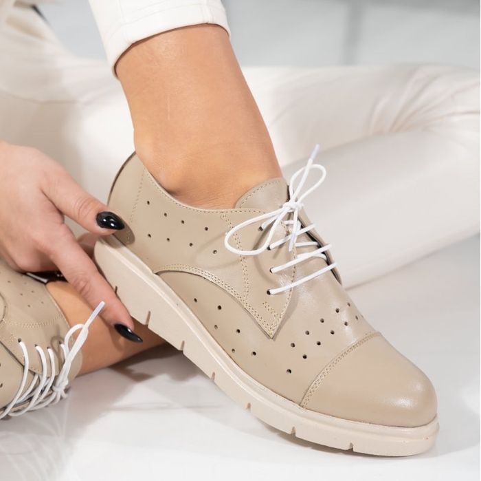 Pantofi casual dama piele naturala bej nude cu siret noi marime 37