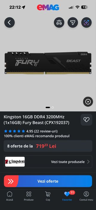 Kingston 16GB DDR4 3200MHz (1x16GB) Fury Beast