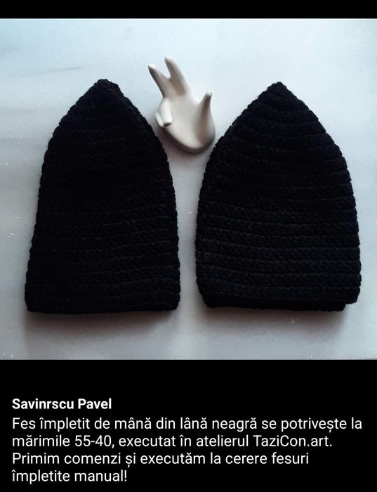 Reducere de primăvară! Fes împletit de mână din lână neagră mărimile 5