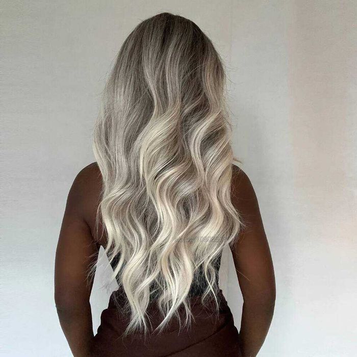 Омбре перука средна дължина - тъмни корени и пепеляво руси краища