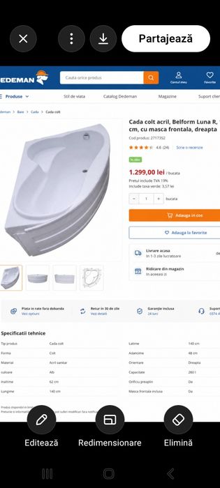 Vand Set Complet Cada Baie Asimetrica pe Colt (Stanga) + Masca + Cadru + Sifon