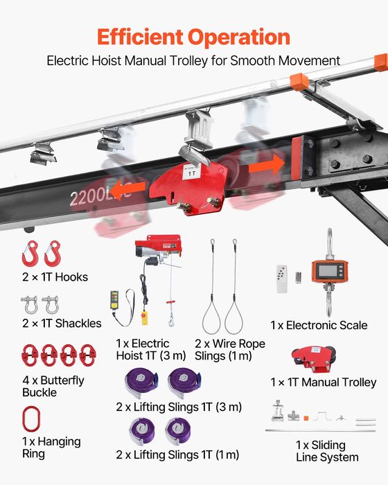 Macara portal reglabila 997,9 kg, inaltime 243-363 cm, cu carucior manual, palan electric, chingi, chei tachelaj si carlig, pentru atelier