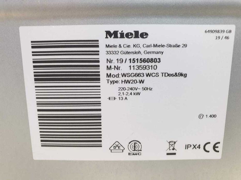 UK Miele 9кг 1600rpm Wi-Fi TwinDos Пералня Миеле 12м Гаранция