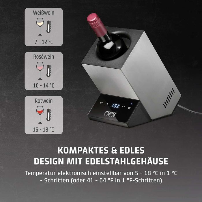 Охладител за вино CASO WineCase One Inox Design за една бутилка, температурен диапазон от 5-18°C, за бутилки с диаметър до 9 см, сензорно управление