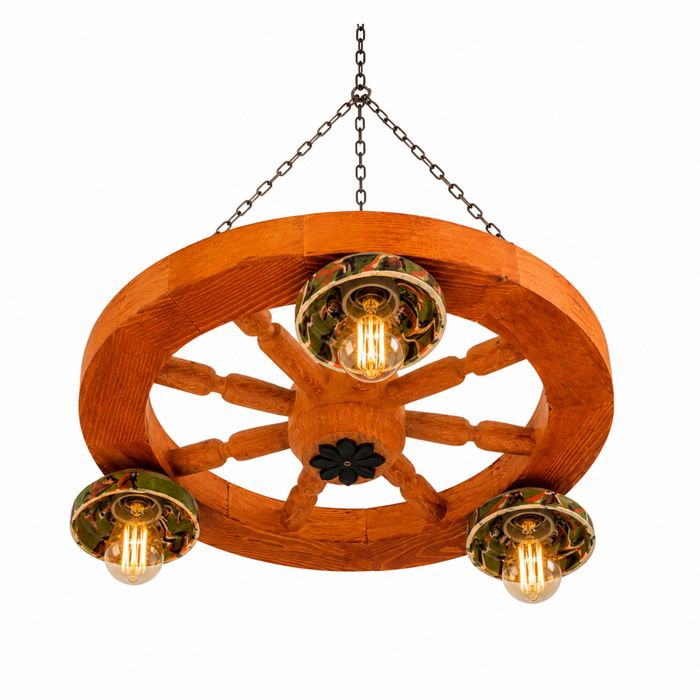 Lustră rustică din lemn masiv tip roată de căruță - 3 becuri, culoare teak