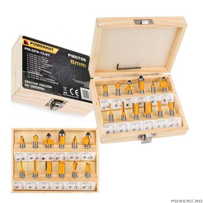 Set 12 freze lemn profesionale pentru freza, oberfreza prindere 8 mm,