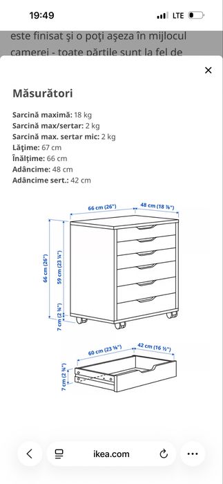 Comoda / mobila cu sertare ALEX alb cu rotile