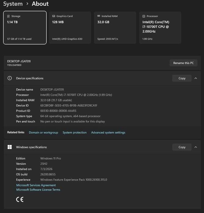 Lenovo ThinkCentre M70q Tiny – i7-10700T, 32GB RAM, 256Gb SSD + 1TB HDD