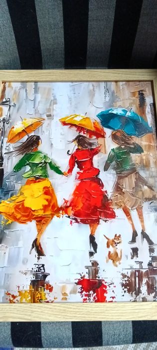 Ярки момичета с чадъри в дъждовен ден, 30 см.x 40 см Вертикална стенна