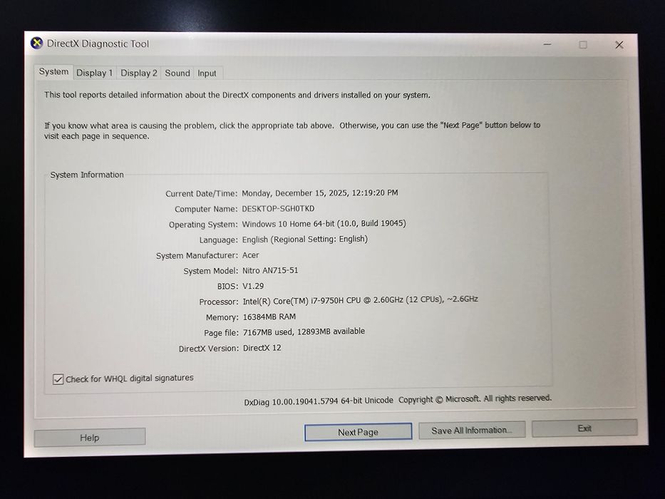 Laptop Gaming Acer Nitro 7, I7 9 Gen, 16 GB, Video 6 GB.