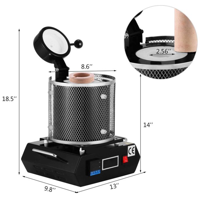 Cuptor electric de topit metale pretioase 1350W 3 kg creuzet ceramic temperatura max 1150 C control PID pentru aur argint cupru aluminiu