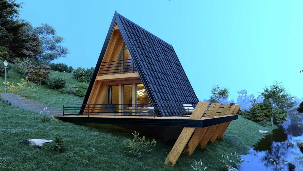 Vand casa modulara tip A frame pe structura metalica sau lemn 8m x8m