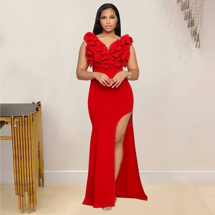 Платье в пол с разрезом черное и красное