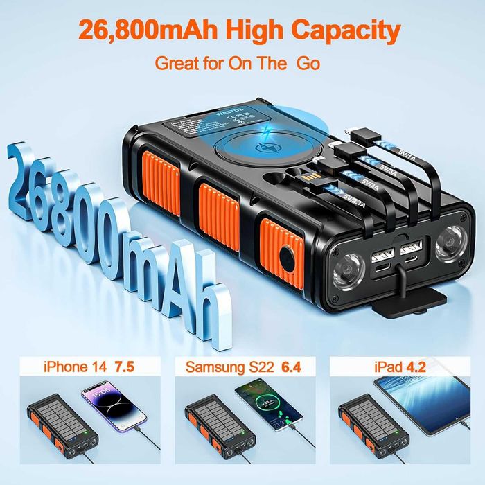 Baterie externă solară wireless 26800 mAh cu manivelă și 4 cabluri, încărcător solar Power Bank cu încărcare rapidă USB-C, 7 ieșiri și 4 intrări