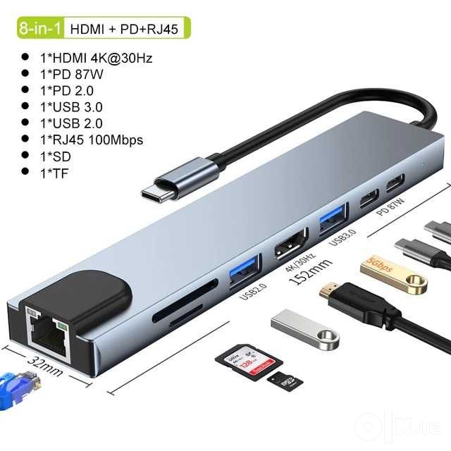 USB 3.0 и Type-C концентратор 8 в 1 (mini док-станция)