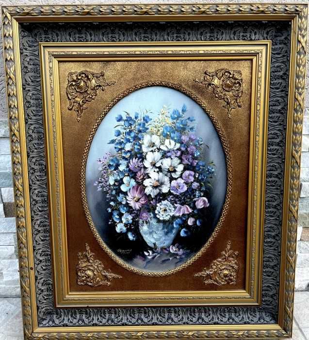 Superba pictura in ulei pe panza-Buchet floral-rama baroc in foita aur-Franta